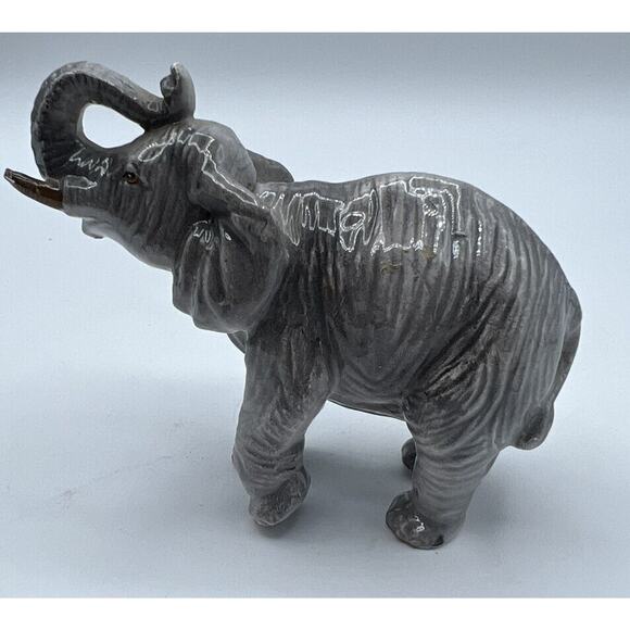 Figurines Elephant Gray Walking Porcelain Glossy Trunk Up Good Luck - Picture 1 of 4